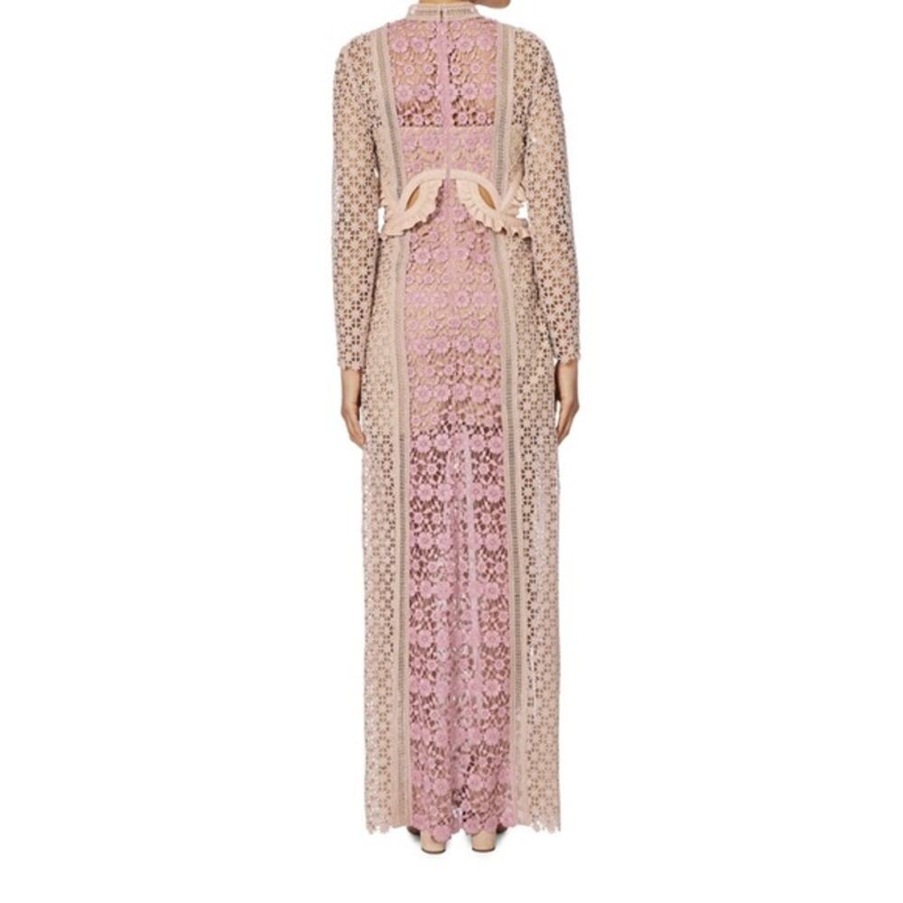 Self Portrait Payne Dress Maxi Floral Lace Cutout Long Sleeve Tan Pink Size 0 - Picture 2 of 13